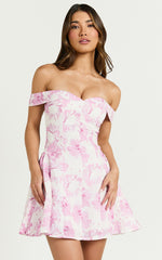 Alkie Mini Dress - Off Shoulder Sweetheart Neck Fit & Flare Dress in Print