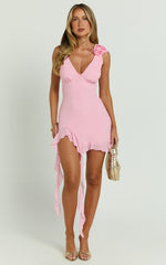 Solange Mini Dress - Ruffle Shoulder High Leg Dress in Frost Pink
