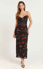 Ziva Midi Dress - Plunge Corset Front Dress in Midnight Rose
