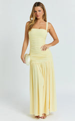 Cardi Maxi Dress - Ruched Mesh High Leg Split Dress in Lemon