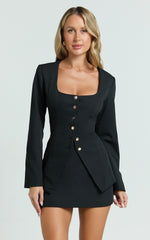 Evie Two Piece Set - Long Sleeve Button Down Tailored Top and Mini Skirt Set in Black