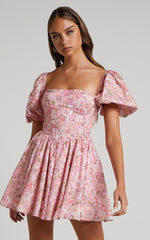 Phorchia Mini Dress - Fit and Flare Puff Sleeve Corset Dress in Fleur Print