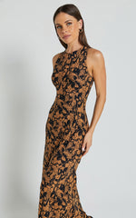 Francis Midi Dress - High Neck Slip Dress in Brown Floral