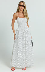 Doris Maxi Dress - Strappy Fit and Flare Maxi Dress in White Polkadot