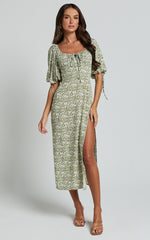 Rosario Midi Dress - Ruched Bust Puff Sleeve Dress in Olive Floral
