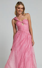 Janeilla Midi Dress - One Shoulder Cut Out Front Ruched Fit and Flare Dress in Pink