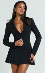 Bea Mini Dress - Collared Long Sleeve Fit And Flare Pleated Dress in Black