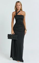 Ginny Maxi Dress - Asymmetric Neck Waist Tie Dress in Black