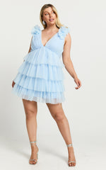 Hayden Mini Dress - Low Back Tulle Tiered Dress in Light Blue
