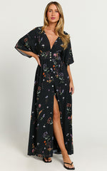 Inka Midi Dress - Short Sleeve Button Down Dress in Black Flower Field