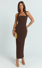 Salome Midi Dress - Halter Neck Column Dress in Dark Chocolate