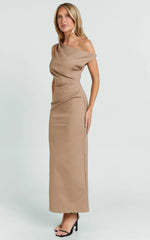 Alexandria Midi Dress - Tip Shoulder Draped Fitted Dress in Mocha