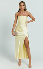 Glenda Midi Dress - Satin Strapless Side Split Dress in Lemon