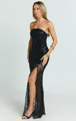 Ines Maxi Dress - Strapless Sequin Fit And Flare Dress in Black