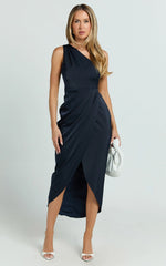 Felt So Happy Midi Dress - One Shoulder Drape Dress in Navy