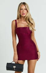 Beckett Mini Dress - Square Neck Fit And Flare Dress in Wine