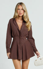 Whitney Mini Dress - Linen Long Sleeve Shirt Dress in Chocolate Pinstripe