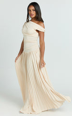 Yvonne Maxi Dress - Jersey Tip Shoulder Ruched Dress in Off White