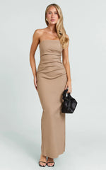 Jamie Midi Dress - Strapless Ruched Fitted Column Dress in Mocha