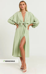 Tyricia Midi Dress - Long Sleeve Tie Front Cut Out Dress in Sage