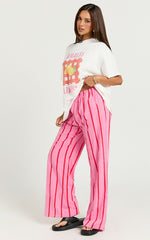 Gladiola Two Piece Set - Amalfi Limone Oversized Tee and Stripe Pant Set in Pink/Red