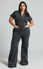 Silvena Jumpsuit - Short Sleeve Flared Denim Jumpsuit in Black Wash