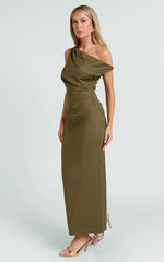 Alexandria Midi Dress - Tip Shoulder Draped Fitted Dress in Olive