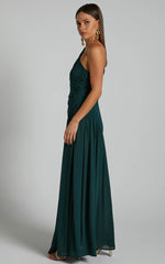 Grittah Midi Dress - One Shoulder Bishop Sleeve High Split Ruched Dress in Emerald