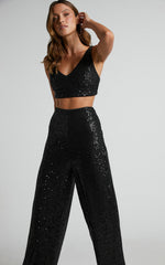 Abela Two Piece Set - Crop Top and Wide Leg Pants Set in Black Sequin