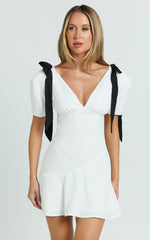 Venus Mini Dress - Contrast Tie Shoulder Short Sleeve Bias Cut Dress in Off White