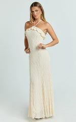 Rhea Maxi Dress - Lace Ruffle Halter A Line Godet Dress in Cream