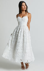 Deborah Midi Dress - Strappy Sweetheart Neck Corset Lace Dress in White