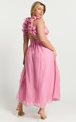 Marielly Midi Dress - Side Cut Out V Neck Ruffle Detail Sleeve Dress in Pink