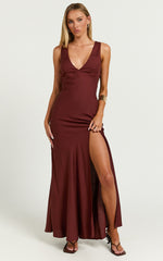 Adalita Midi Linen Dress - V Neck Cowl Back Bias Cut Dress in Chocolate