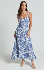 Jackleyn Midi Dress - Sweetheart A Line Dress in Blue Floral