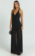 Lauren Maxi Dress - Plunge Halterneck High Split Dress in Black