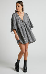Rosita Mini Dress - Tie Front Puff Sleeve Dress in Black and White Check