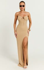 Venus Maxi Dress - Crochet Knit Halter Bodycon Dress in Beige