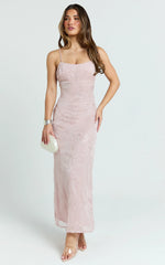 Elysia Maxi Dress - Sequin Straight Neck Tie Back Dress in Pale Pink