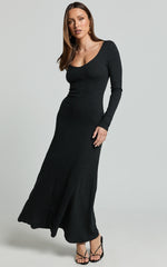 Lydia Midi Dress - V Neck Long Sleeve Knitted Dress in Black
