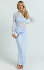 Crisanta Maxi Dress - Long Sleeve Contrast Lace Bodycon Dress in Pale Blue