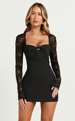 Vasquez Mini Dress - Lace Sleeve Front Tie Detail Dress in Black