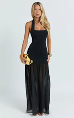 Barbara Maxi Dress - Halter Scoop Neck Contrast Georgette Dress in Black