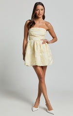 Laure Mini Dress - Strapless Jacquard Dress in Lemon