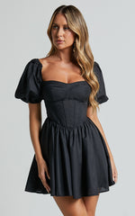 Souza Mini Dress - Fit and Flare Puff Sleeve Corset Dress in Black