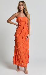 Arnie Midi Dress - Strapless Ruffle Detail Slip Dress in Orange