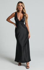 Chrissie Maxi Dress - Lace Detail Plunge Dress in Black