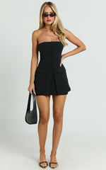 Monroe Two Piece Set - Strapless Button Down Longline Vest Top and High Waisted Mini Skirt in Black