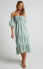 Nikka Midi Linen Dress - Shirred Off Shoulder Puff Sleeve Dress in Sage