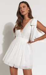 Karalyn Mini Dress - Bow Strap Plunge Pearl Detail Dress in White